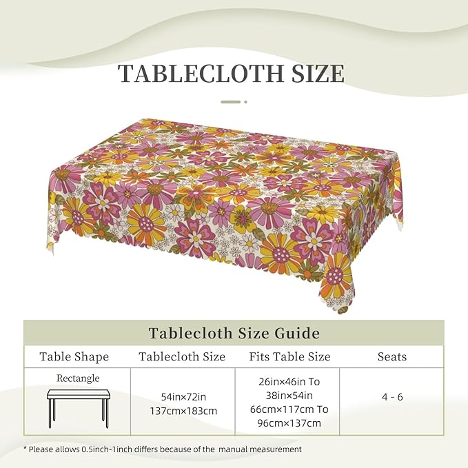 Retro Sunflower Table Cloth for Rectangle Dining Tables, Reusable Hippie Flowers Tablecloths Kitchen Tabletop Decoration Groovy Daisy Floral Table Cover for Holiday,Party,Picnic, 54x72Inch