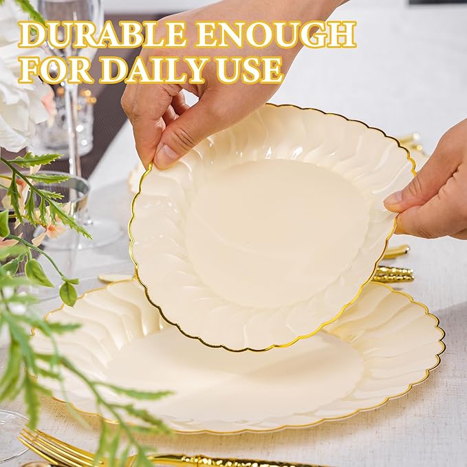 Lullaby 60PCS Light Yellow Plastic Plates, Disposable Elegant Plates Include 30pcs Dinner Plate 10.25", 30pcs Plastic Dessert Plate 7.5", Perfect for Wedding and Party