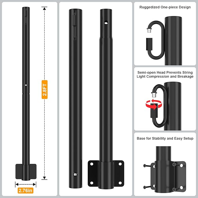 Suchtale 2 Pack 2.8 FT String Light Poles, Suspension Outdoor Fence Post Lights with Clip and Bracket, Outside String Lights Hanging, Wall Mounting Stand for Patio Garden Backyard Wedding Party, Black