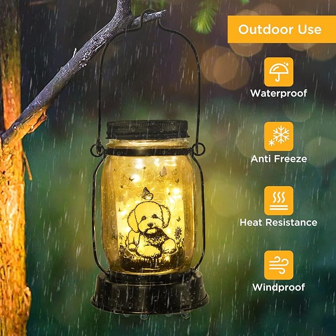 Bichon Dog Gifts for Women/Men Bichon Frise Solar Lanterns Birthday Dog Lovers Lantern Pet Loss Dog Memorial Lights Solar Garden Decoration for Yard, Patio,Backyard,Porch Torches Light