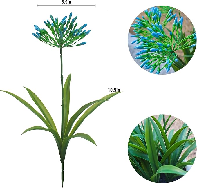 Artificial Agapanthus Africanus Fake African Lily Blue Flowers Fake Plants Outdoor Spring Summer Decoration Realistic Faux Greenery for Front Door Porch Planter Decor