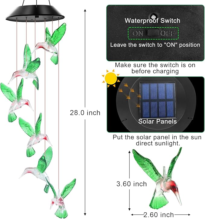Solar Wind Chimes Outdoor Color Changing Lights, Gift for Women Mom Grandma Sister Best Gifts, Wind Chimes Unique Outdoor Garden Yard Decor (Green Hummingbird)