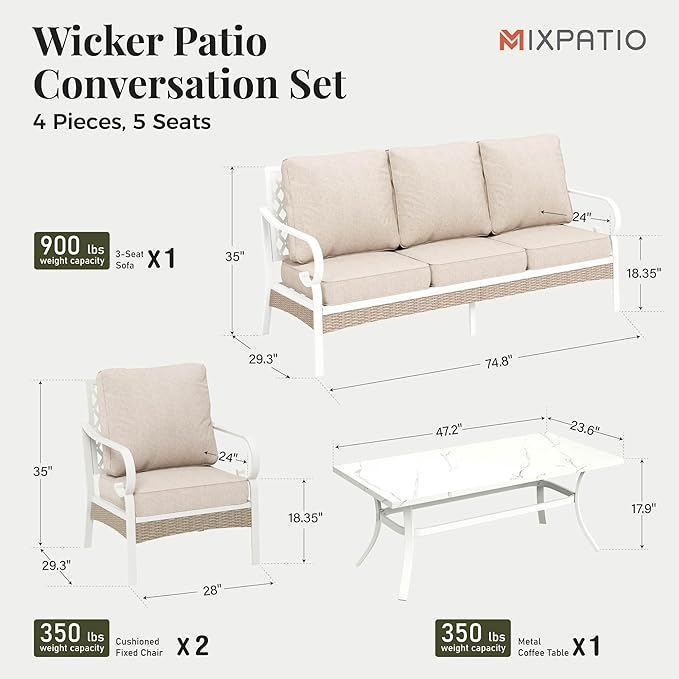 4 Piece Patio Furniture Set, 2 x Fixed Chair, 1 x 3-Seat Sofa with Marbling Coffee Table, All Cushioned 5 Seats Outdoor Conversation Set for Lawn Garden Backyard, Beige