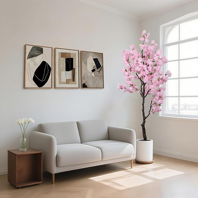 Artificial Pink Cherry Blossom Tree 7ft(83in) Tall Fake Silk Leaves Indoor Decor Handmade Lifelike Sakura Tree for Wedding Realistic Cherry Plant in Pot for Home Living Room,Office,Outdoor Decor