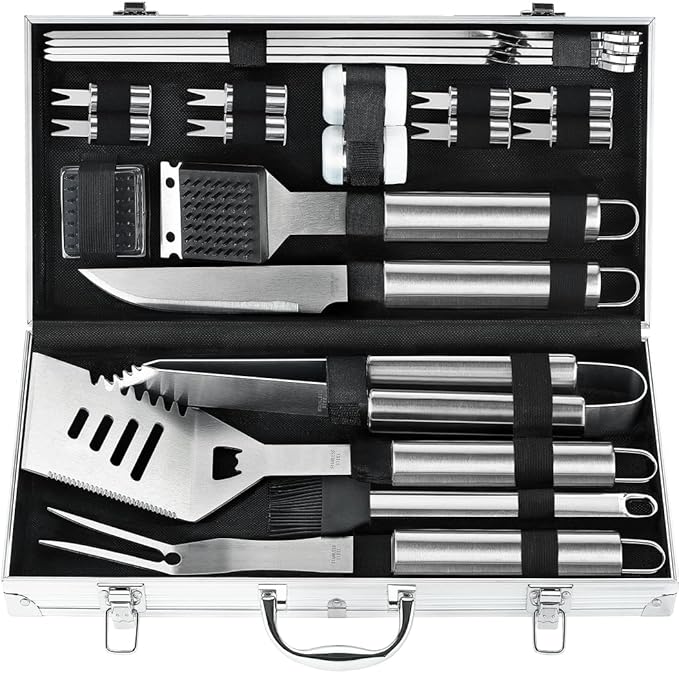 POLIGO 22PCS Heavy Duty BBQ Grill Accessories Set, Non-Slip Grill Tools for Outdoor Grill Set Thicker Stainless Steel Grill Utensils Set, Deluxe Grilling Tools Set in Aluminum Case Ideal Gifts for Men