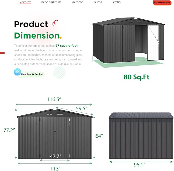 AECOJOY 10' x 8' Shed, Outdoor Metal Storage Shed, Dark Grey Sheds & Outdoor Storage 8x10 Clearance, Steel Yard Shed with Lockable Doors, Utility and Tool Storage for Garden, Backyard, Patio, Outside