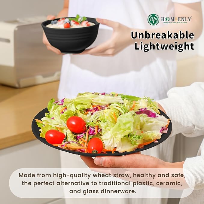 Homienly 24-Piece Wheat Straw Dinnerware Sets,Service for 6 - Cups, Plates and Bowls Sets,Reusable Dishwasher and Microwave Safe Melamine Dinnerware Set for Home,Camping,RVs - Black