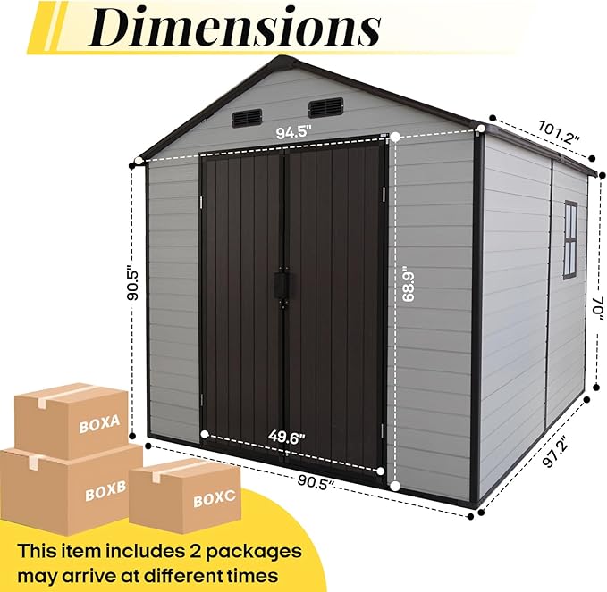 8x8ft Resin Outdoor Storage Shed with Floor and 2 Windows, Plastic Sheds & Outdoor Storage Clearance for Patio Furniture, GardenTools, Bike Accessories and Lawn Mower, Brown+White