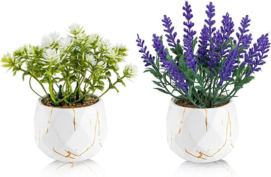 2 Pack Artificial Pot Flowers Small Fake Plants, Artificial Lavender & Wildflower Potted Plants, Fake Mini Plants for Home Decor, Tabletop, Shelf, Office, Bathroom, Farmhouse