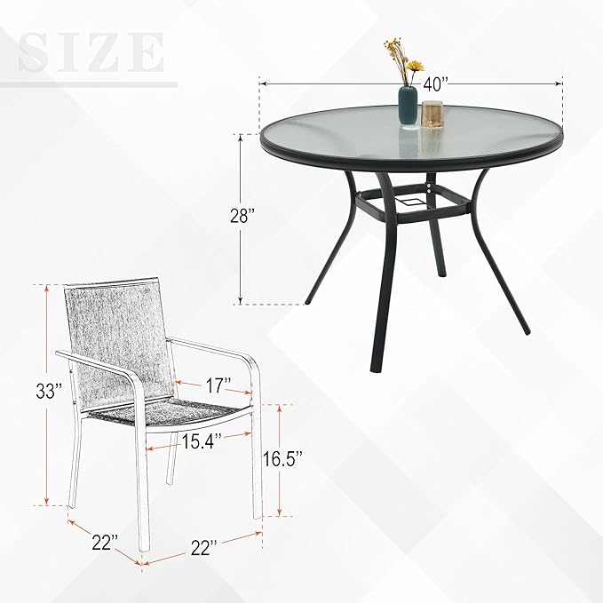 5-Piece Outdoor Patio Dining Set, 40-Inch Round Glass Table with 4 Stackable Chairs, Grey