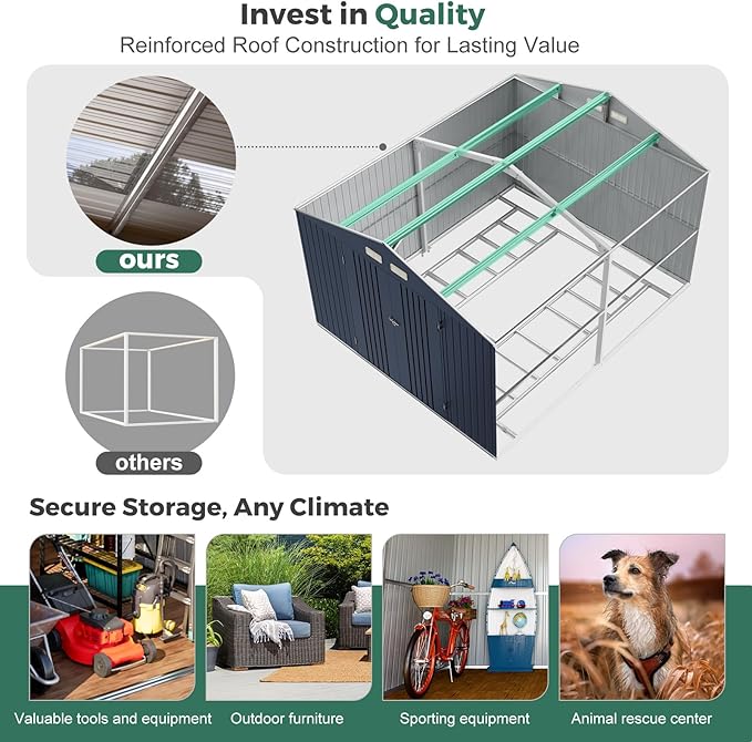 10x12 Metal Shed with Floor Frame Kit & Reinforced Construction - Translucent Roof Panels for Natural Light, Lockable Doors,Vents,Windows, Weatherproof Garden/Backyard/Patio Outdoor Storage