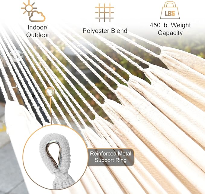 SZHLUX Double Hammock with Stand Included 450lb Capacity Steel Stand, Premium Carry Bag Included.Indoor Outdoor Brazilian-Style Cotton Bed for Backyard, Camping,Garden, Beige