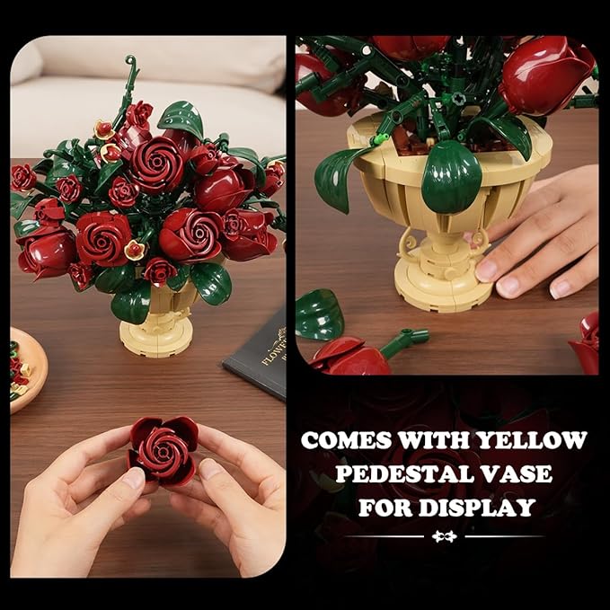 Rose Flower Building Set, 969 PCS Botanicals Flowers Bouquet Building Block Kit with Pot, Artificial Bonsai Plant Collection Office Home Decor, Birthday Gift for Adults Women Boys Girls 12+