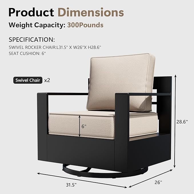 Aluminum Outdoor Swivel Rocker Patio Chairs Set of 2, All-Weather Metal Outdoor Chair with 6 Inch Thick Cushions, Deep Setting for Garden, Outside and Porch
