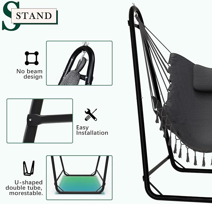 Unique U-Shaped Hammock Chair with Stand,Sturdy & Rust-Resistant,Free Gray Cotton Hammock Chair