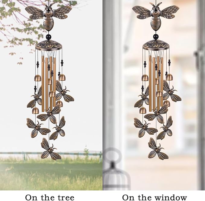 Bronze Bee Wind Chimes - Garden, Home & Patio, Balconies, Room, Indoor, Outdoor Decoration, Bee Decor, Outdoor Bees Wind Catcher, Memorial Wind Bells Gifts for Mom & Women