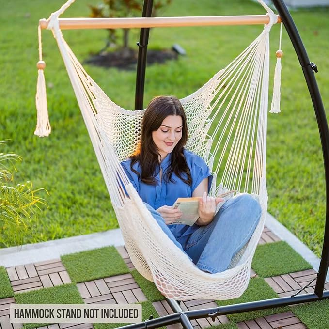 JoyView Hammock Chair with Spreader Bar Caribbean Hammock Swing Chair 300 LBS Weight Capacity XL Rope Hanging Chair for Outdoor Indoor Garden Yard - Natural White