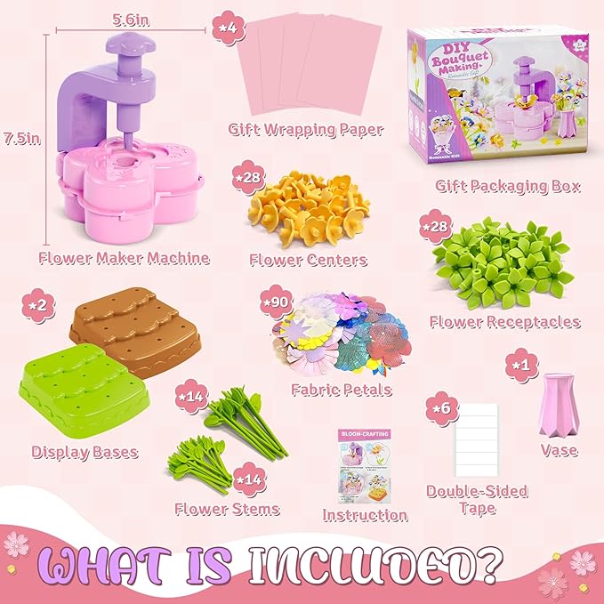 Fabric Flower Bouquets Toys – Mess-Free Flower Crafts for Kids & DIY Arts and Crafts for Child Ages 3 4 5 6 7 8 9+, No Glue Needed, Fun Early Educational STEM Gift for Birthdays, Christmas, Holidays