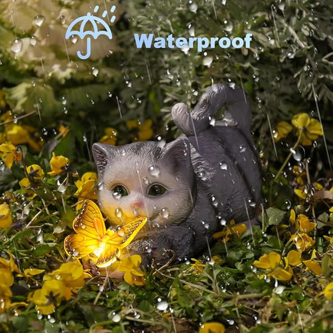 Solar Cat Statue with LED Lights & Butterfly - Outdoor Garden Decor for Patio, Lawn, Yard - Waterproof Cat Figurines, Housewarming Gardening Gifts for Women, Mom, Grandma