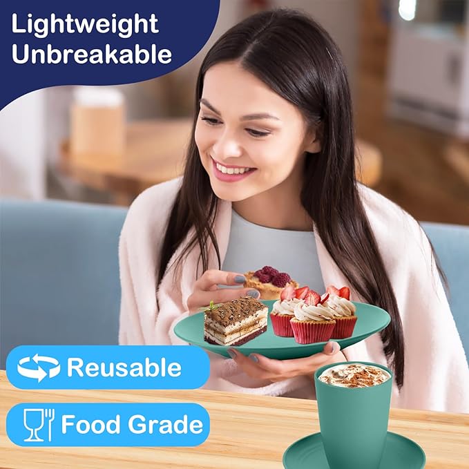 Wheat Straw Dinnerware Sets 40 PCS Unbreakable Dishes Set for Kitchen, Outdoor, Camping Dishes Plates and Bowls Sets with Cups, Dessert Plates, Dishwasher & Microwave Safe - Green