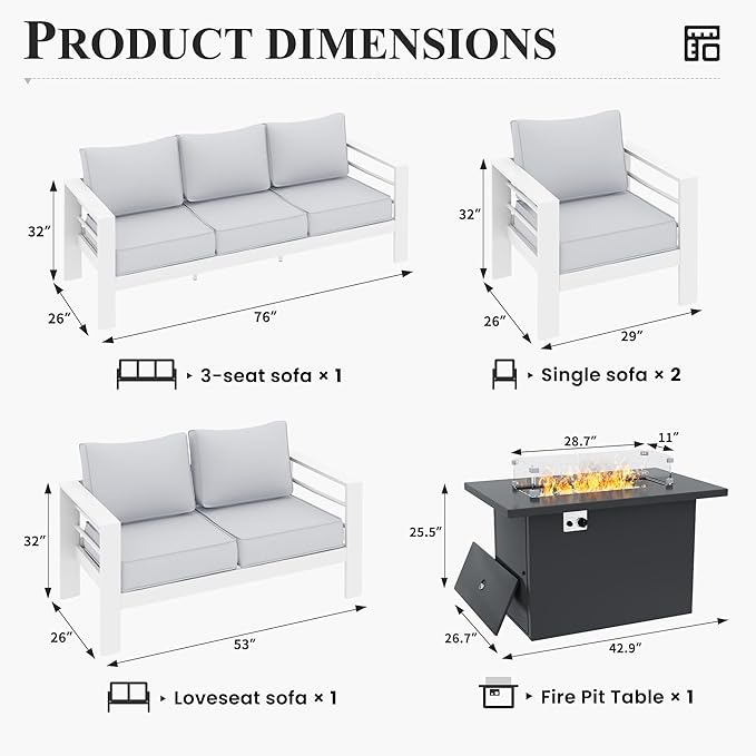 Patio Furniture Set with Fire Pit Table, Aluminum Patio Furniture Set,White Outdoor Metal Sectional Sofa with Aluminum Fire Pit Table for Garden Backyard (Include Waterproof Cover)