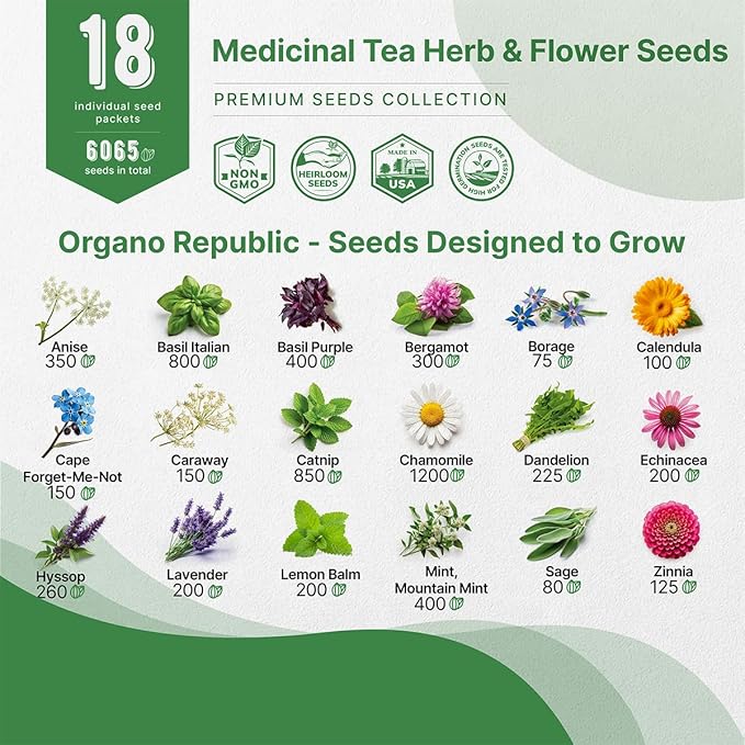 18 Medicinal Tea Herb & Flower Seeds Variety Pack - 6,100+ Non-GMO Heirloom Flower Seeds for Outdoor and Indoor Home Gardening, Including Anise, Borage, Catnip, Chamomile, Dandelion, Lavender, Sage