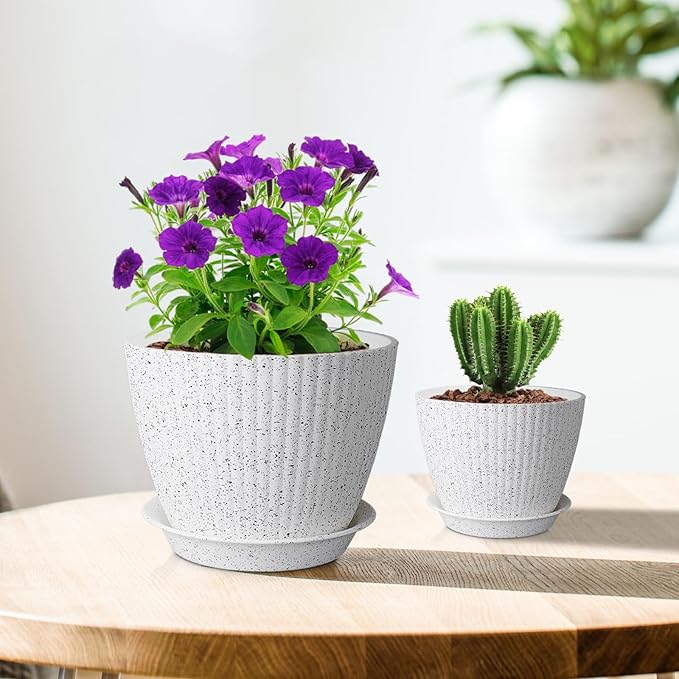 7/6.2/5.5/5/4.5/4 inch Flower Pots, 6 Pack Plant Pots for Small Indoor Outdoor Plants, Plastic Planters with Drainage Holes and Saucers for Garden Succulent House Plants, Speckled White