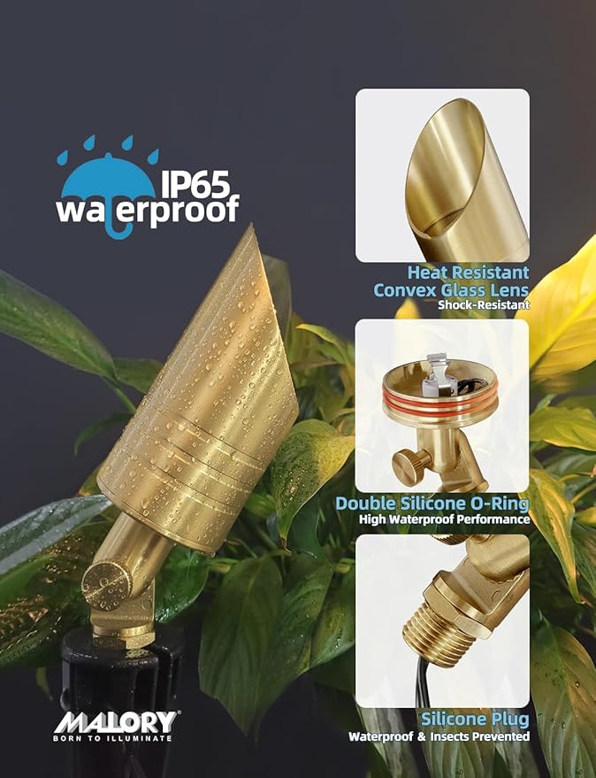 MALORY Brass Landscape Spotlight,12V AC/DC Low Voltage LED Landscape Lighting,Waterproof Spot Up Light for Garden,Patio and Yard (1-Pack Without Bulb)
