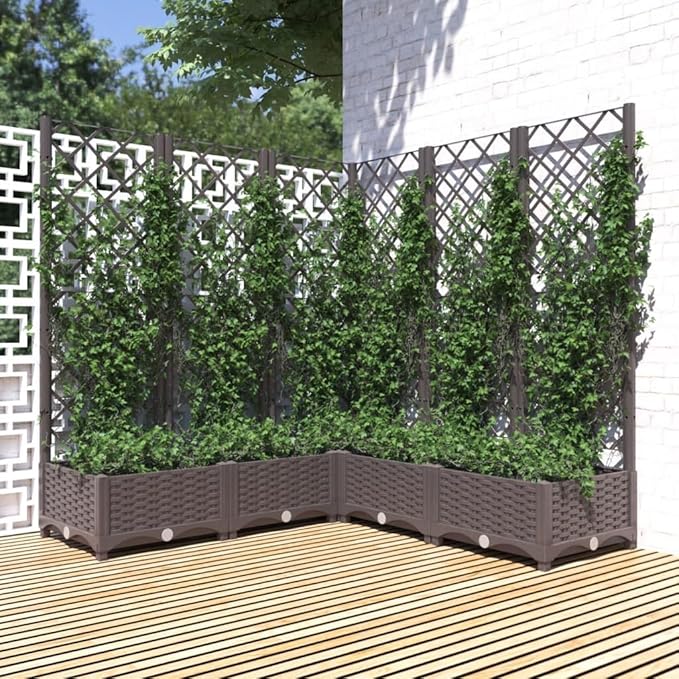 Garden Planter Box with Trellis, Outdoor Raised Garden Bed for Climbing Plants, Brown 47.2"x47.2"x47.8" PP