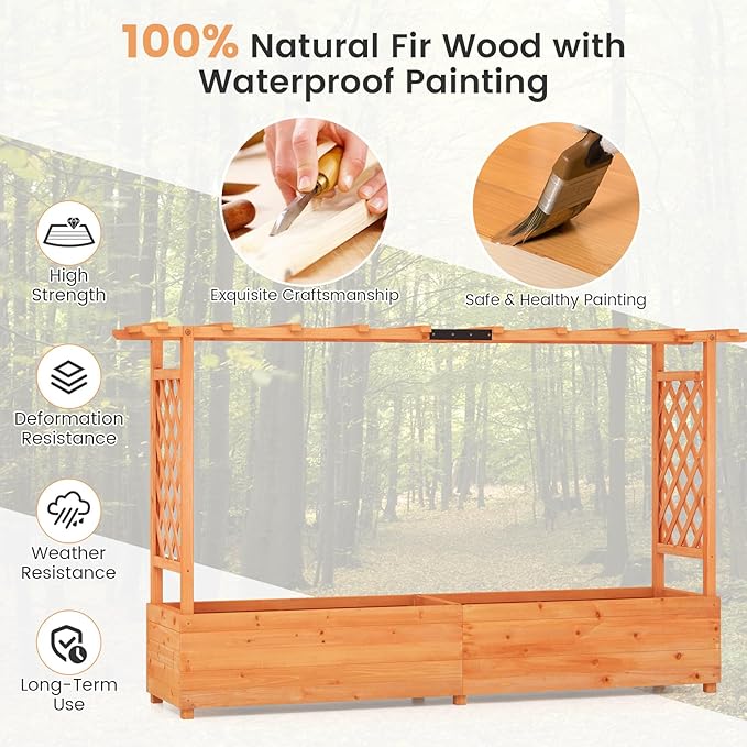 S AFSTAR 45-Inch Raised Garden Bed with Arch Trellis, Hanging Roof, Planter Box, Drainage Holes, Vertical Plant Container for Vine Climbing Plant Flower, Flower Bed Wood Planter for Indoor & Outdoor