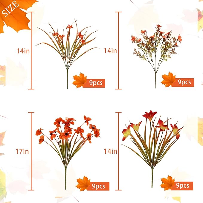 36 Bundles Outdoor Artificial Fall Flowers UV Resistant Plastic Faux Flowers Fake Fall Plants Shrubs Fall Decoration for Autumn Garden Patio Wedding Kitchen Farmhouse Decor