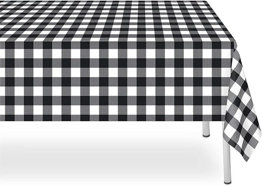 12 Pack Black and White Checkered Tablecloth, Black Plastic Table Cloths for Parties Disposable, 54 x 108 inch Waterproof Black Gingham Camping Tablecloth for Birthday, Party, Halloween