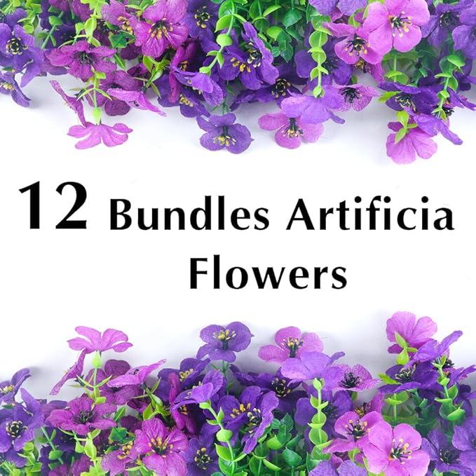 Artificial Flowers for Outdoors, 12 Bundles Outdoor Faux Plants,Uv Resistant Artificial Fake Flowers Plants, Realistic Spring Decor for Porch, Patio, Yard (DoublePurple)