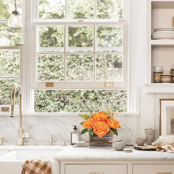 DILATATA Artificial Flower Arrangement, 8'' Orange Roses Peonies Hydrangeas in Wooden Planter, Rustic Fake Flowers in Pot for Home Decor Living Room - 1PC