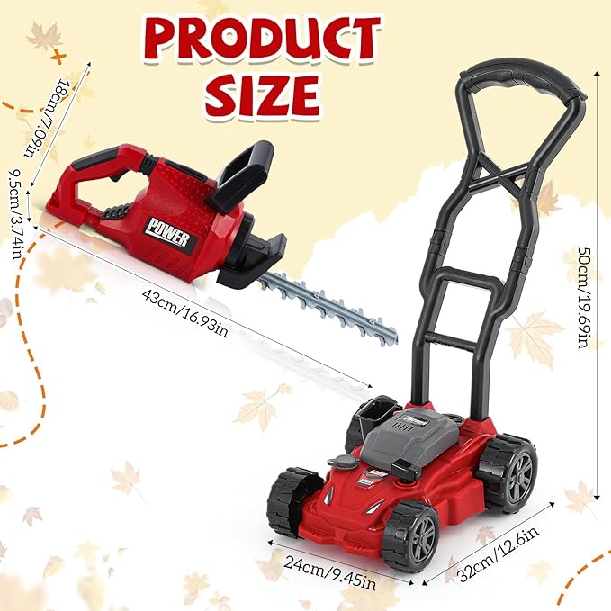 2 Pcs Toy Gardening Tool Set for Kids Toy Hedge Trimmer, Push Lawn Mower Battery Powered Gardening Tool Set with Lights and Sounds Gift for Boys Girls