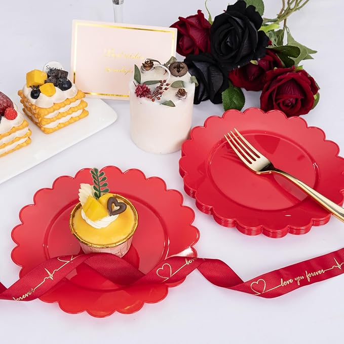 SUT 72Pcs Red Plastic Plates-7.5inch Red Dessert Plates, Red Disposable Plates, Disposable Plates,Fancy Plastic Plates, Heavy Duty Plastic Plates for Wedding & Parties