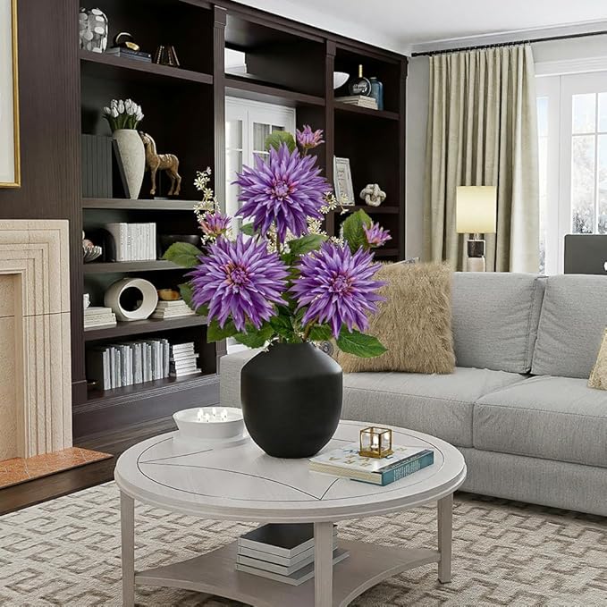 3Pcs Purple Artificial Dahlia Flowers 29.5" Fake Flower Silk Flowers with Long Stem Floral Arrangements Bouquets Faux Dahlias Flowers for DIY Wedding Party Centerpieces Decor Home Office Decoration