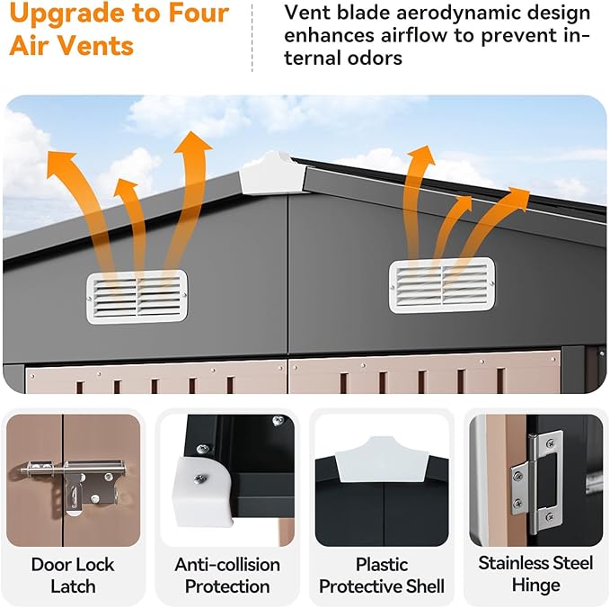 12x10FT Outdoor Storage Shed, Metal Garden Shed with Lockable Double Doors & Sloping Roof, Weather-Resistant Tool Shed for Backyard, Patio, Poolside Brown