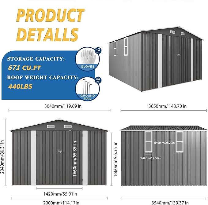 10x12x6.7FT Outdoor Storage Shed, Galvanized Steel Garden Shed with Lockable Door & Window, Waterproof Metal Tool Storage for Garden, Backyard, Patio, Lawn(Grey)