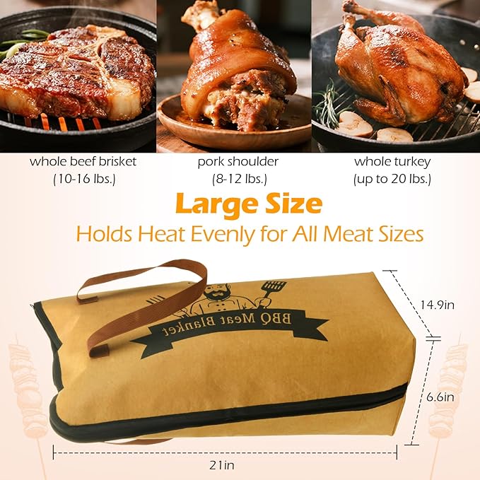 BBQ Blanket for Resting Meat Bag 21" Brisket Blanket Barbecue Tool Sets with Wide Mouth Large Beef Compatible Barbecue Smoker Accessories Grill Meat Insulated Reusable Resting Smoke Bag Cooking Gift