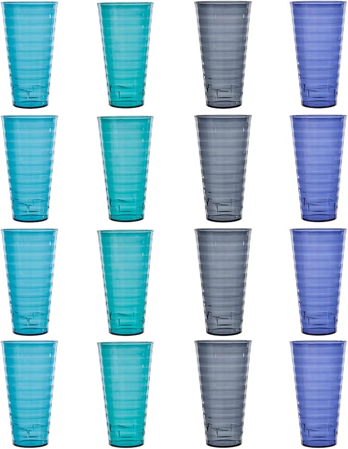 US Acrylic Splash [Set of 16] 18 ounce Plastic Stackable Water Tumblers in 4 Coastal Colors Value Set of Drinking Cups, Reusable, BPA-free, Made in the USA, Top-rack Dishwasher Safe