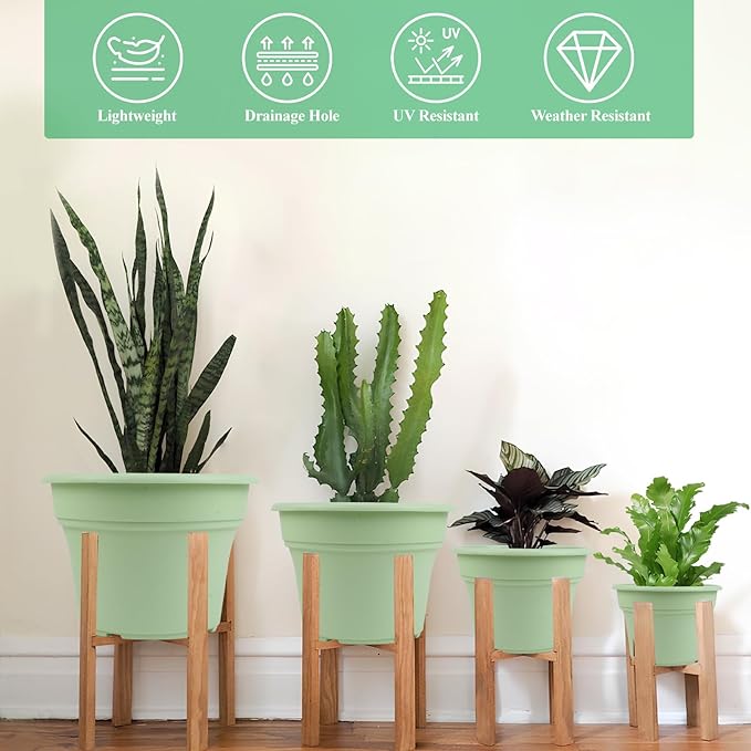 16 inch Plastic-Flower-Pot-for-Indoor-Plants, 4 Pack Large Outdoor Planter Pot with Drainage Holes & Saucers, Resin Decorative Garden Pots Planters