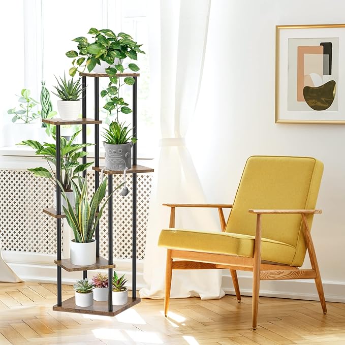 6 Tier Tall Plant Stand Indoor, Large Wood Metal Planter Shelf Holder for Narrow Corner, Sturdy Vertical Multiple Flower Orchid Pot Decorative Rack for House Living Room Bedroom Office, Rustic Black