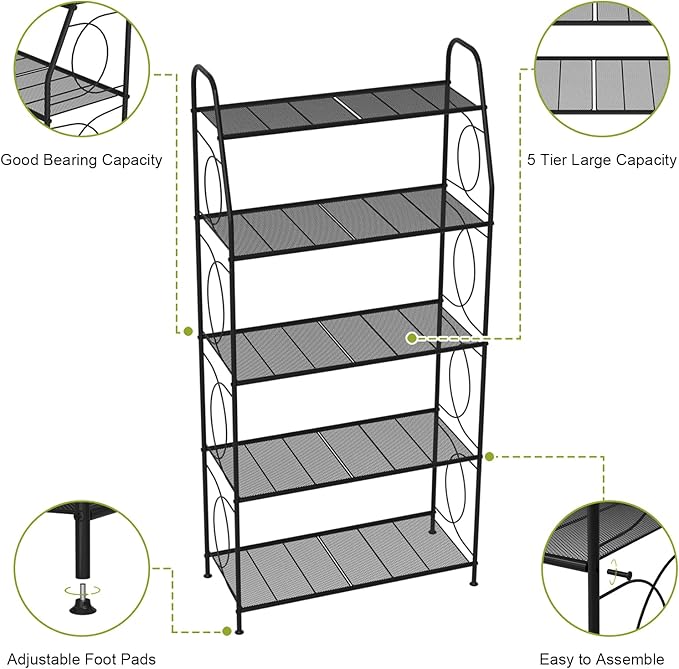 5 Tier Plant Stand Indoor Outdoor, Heavy Duty Plant Shelf, Metal Mesh Tall Plant Stands Holder Rack for Living Room Balcony and Garden, Black