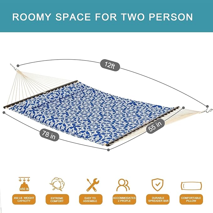 Lazy Daze Quilted Fabric Hammock with Spreader Bar, 2 Person Double Hammock for Outside Patio Poolside Backyard Beach, 450lbs Capacity, QF48
