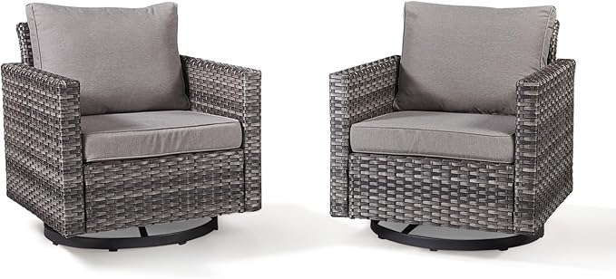 Wicker Swivel Rocker Patio Chairs-High Back Outdoor Swivel Chairs Set of 2 with Thickened Cushions Wide Armrest All Weather Patio Furniture Set for Deck Porch Balcony(Grey/Grey)