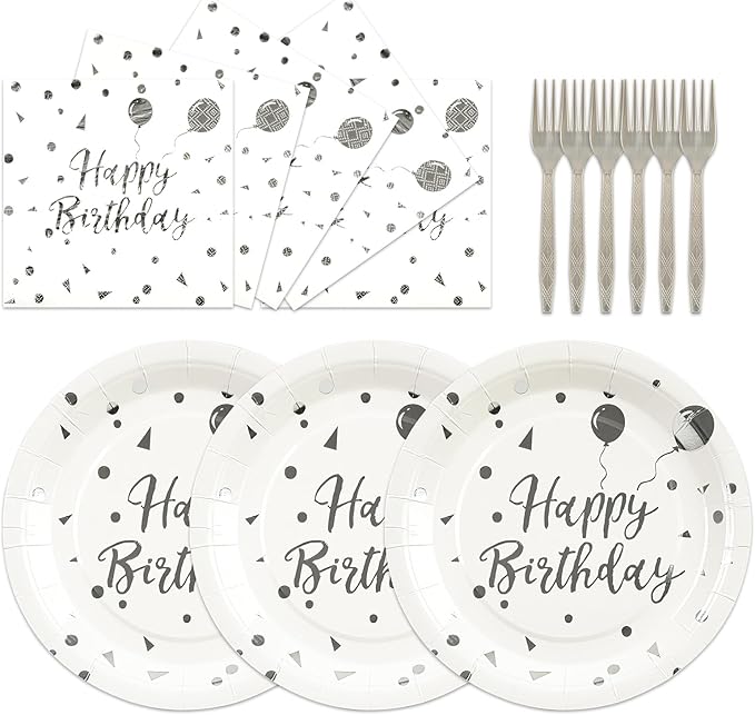 75PCS Happy Birthday Paper Plates - 7 Inch White Sliver Dot Paper Plates and 6.5 Inch Napkins with 6.3 Inch Sliver Forks Disposable Tableware Set for Birthday Party Decorations, Serve 25