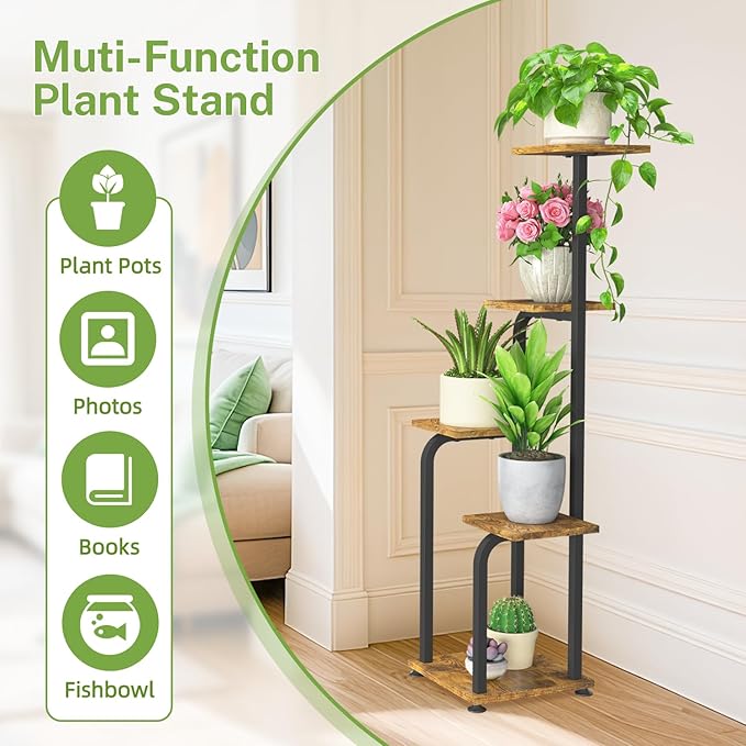 iDavosic.ly Tall Plant Stand Indoor, 4 Tier Corner Multiple Flower Holder Shelf with Wooden Trays, Space Saving Display Rack for Living Room Balcony Patio Porch Outdoor | Black & Brown
