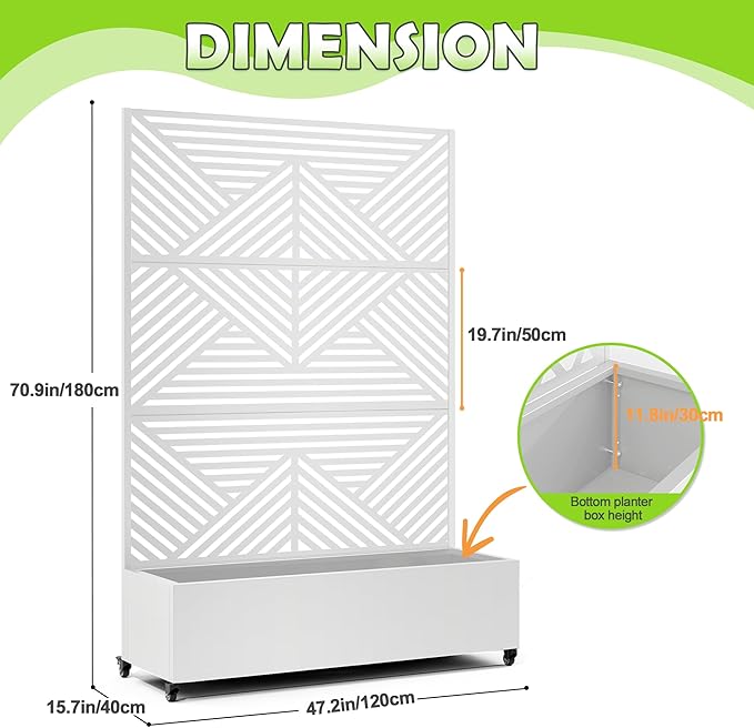 15.7"×70.9"×47.2" Metal Raised Garden Bed with Trellis and Wheels - Tall Trellis Planter Box for Climbing Plants, Vegetables & Vines - Outdoor Privacy Planters for Patio (White-Zodiac)