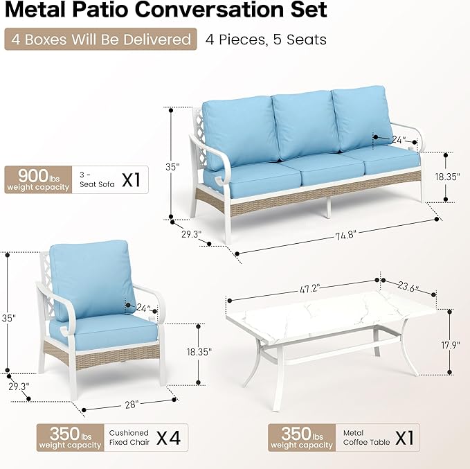 6 Piece Metal Outdoor Patio Furniture Sets, Patio Conversation Sets 1 3-seater Sofa, 4 Single Sofa with 5.75" Extra Thick Cushion and Coffee Table, White Frame Backyard Furniture, Blue